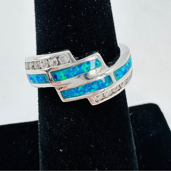Sterling Silver Ring Created Opal CZ Accent Size 6 Crossover Blue Green 925 Mark - Picture 1 of 11